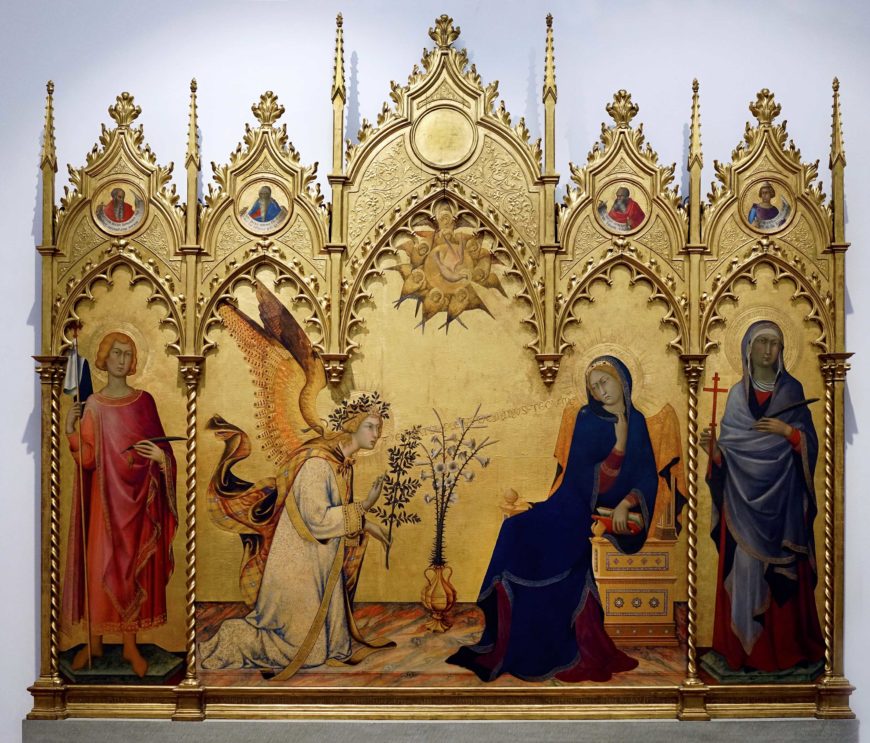 Simone Martini, The Annunciation, 1333, tempera on panel, 72 1/2 x 82 5/8" or 184 x 210 cm. (Uffizi, Florence)