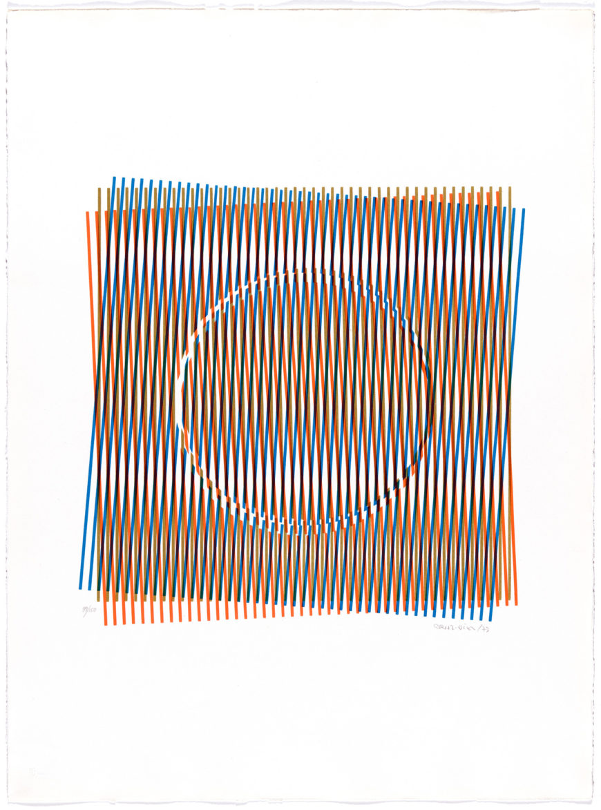Carlos Cruz-Diez, Chromo-Interference (Cromo Interferencia), from AGPA 73: Pan American Graphic Arts (AGPA 73: Artes gráficas panamericanas), 1973, screenprint, 43 x 42.5 cm (Museum of Modern Art)