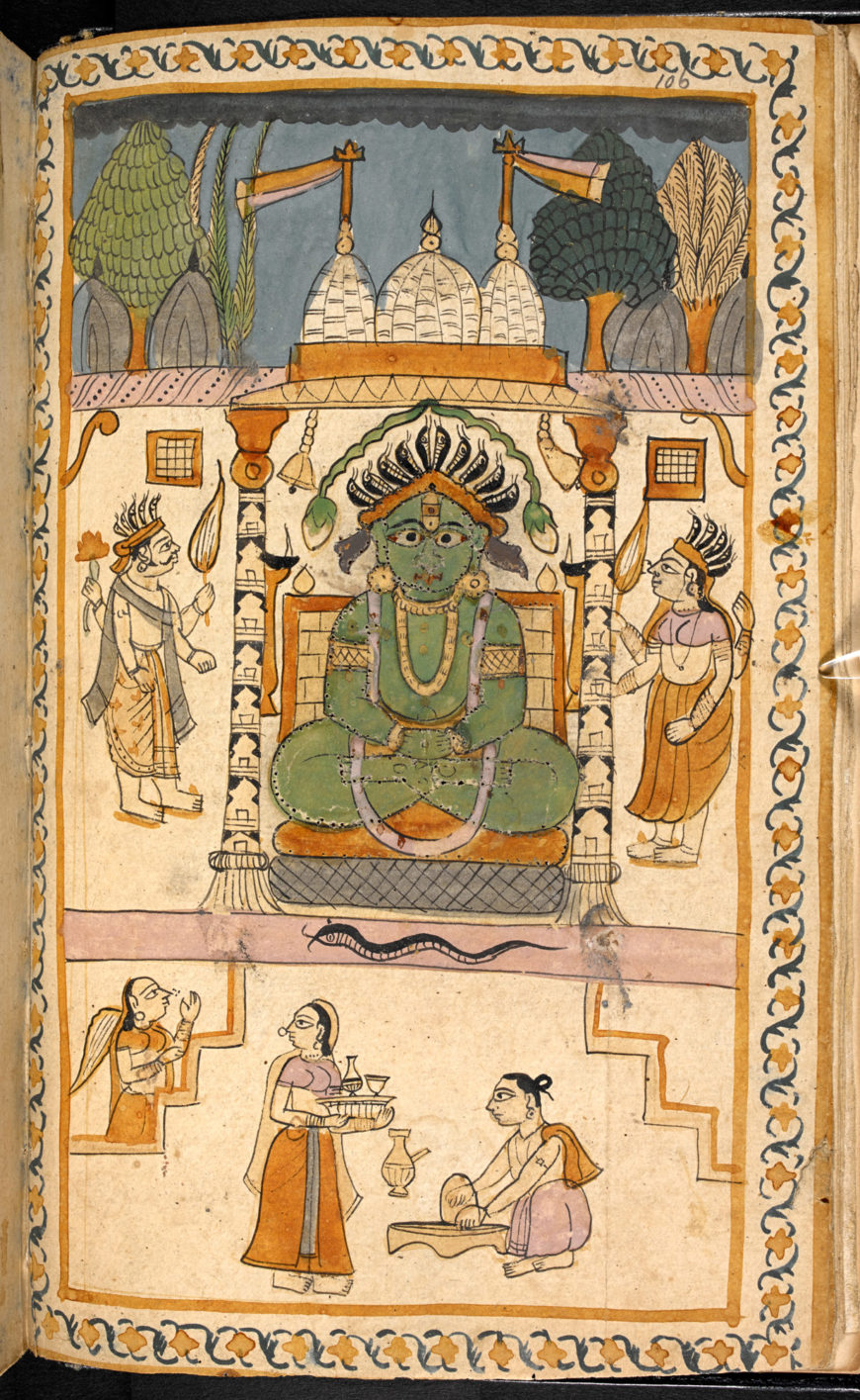 A Jina in a temple with worshippers and accessories for worship. The Sukasapati or The seventy-two tales of the parrot (British Library)