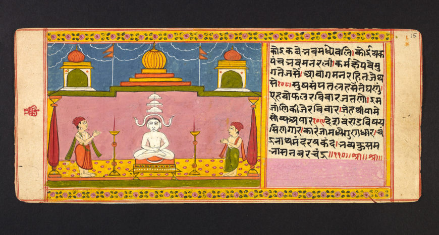 In the Digambara temples Jina images are shown naked and with no ornament. Manuscript of the Ādityavārakathā, Or 14290, fol. 15 recto, dated 1792 CE. (British Library)