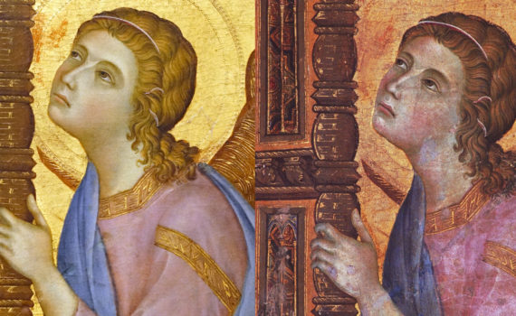 Duccio, Rucellai Madonna, detail, Smarthistory photo left (Steven Zucker, CC BY-NC-SA 2.0), Artstor right