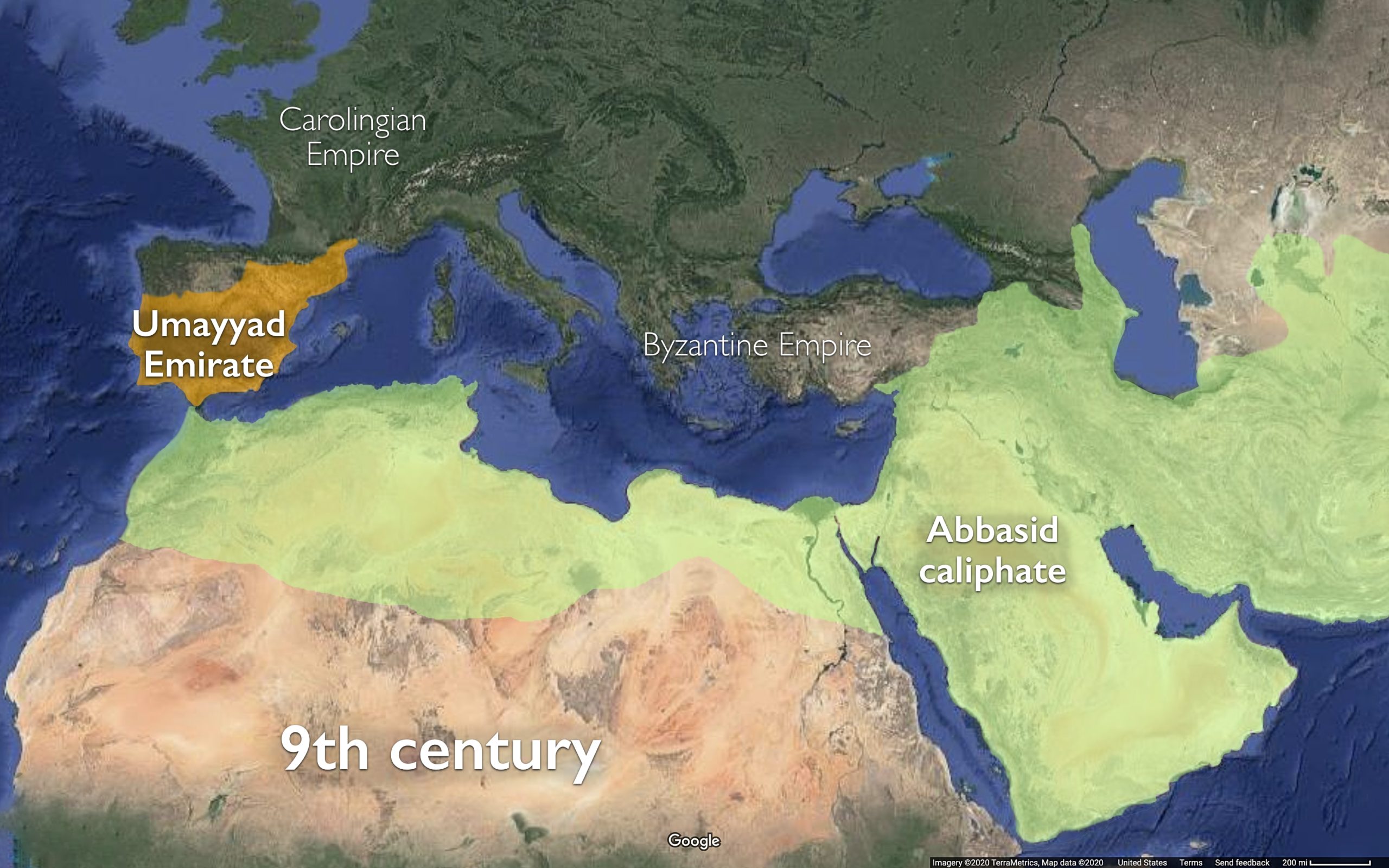 Map of the Mediterranean and west Asia in the 9th century
