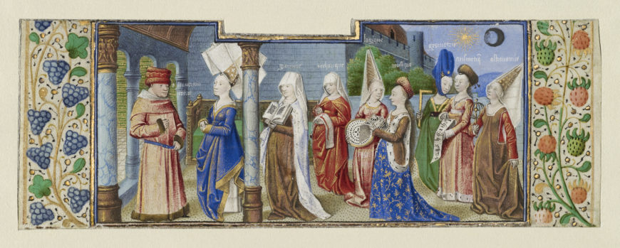Coëtivy Master, Philosophy Presenting the Seven Liberal Arts to Boethius, c. 1460-75, tempera colors, gold leaf, and gold paint on parchment (The J. Paul Getty Museum)