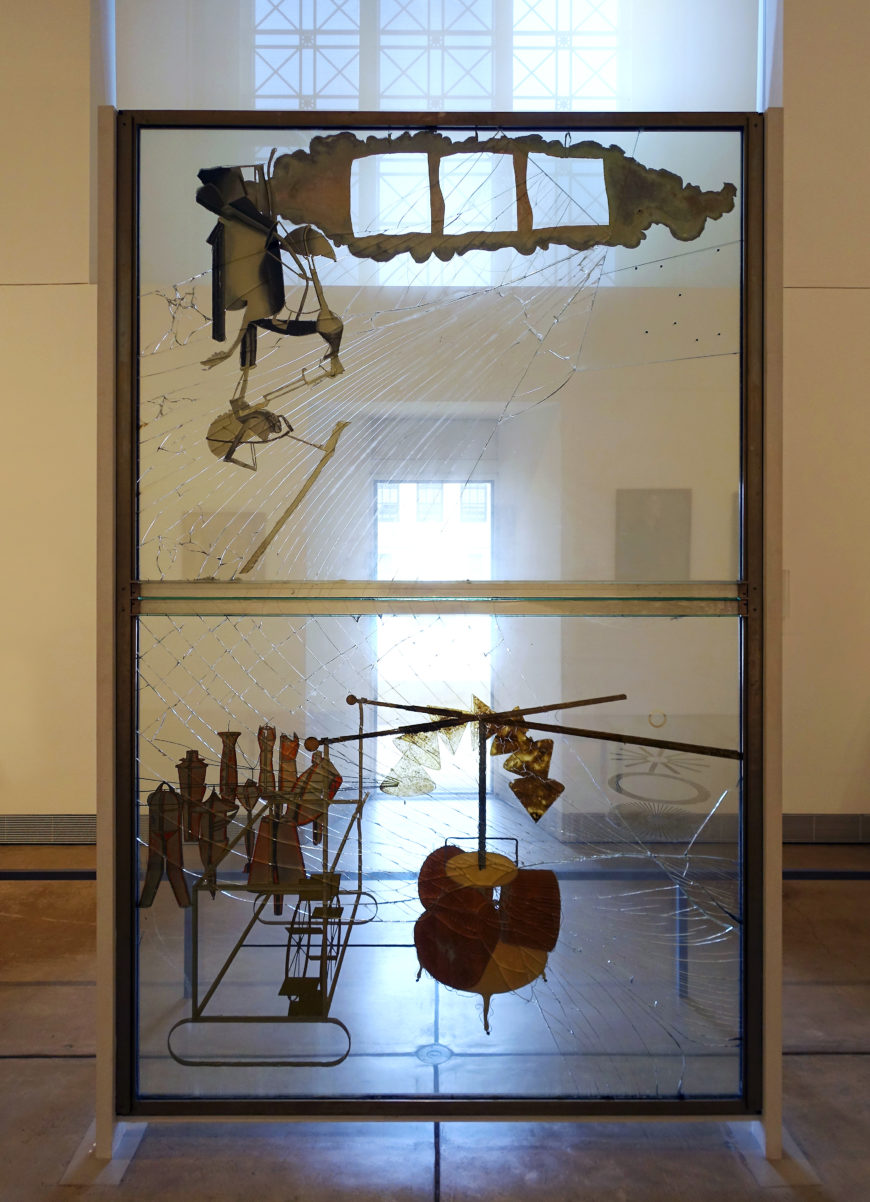 Marcel Duchamp, The Bride Stripped Bare by Her Bachelors, Even (The Large Glass), 1915-23, oil, varnish, lead foil, lead wire, dust, two glass panels, 277.5 × 177.8 × 8.6 cm © Succession Marcel Duchamp (Philadelphia Museum of Art)