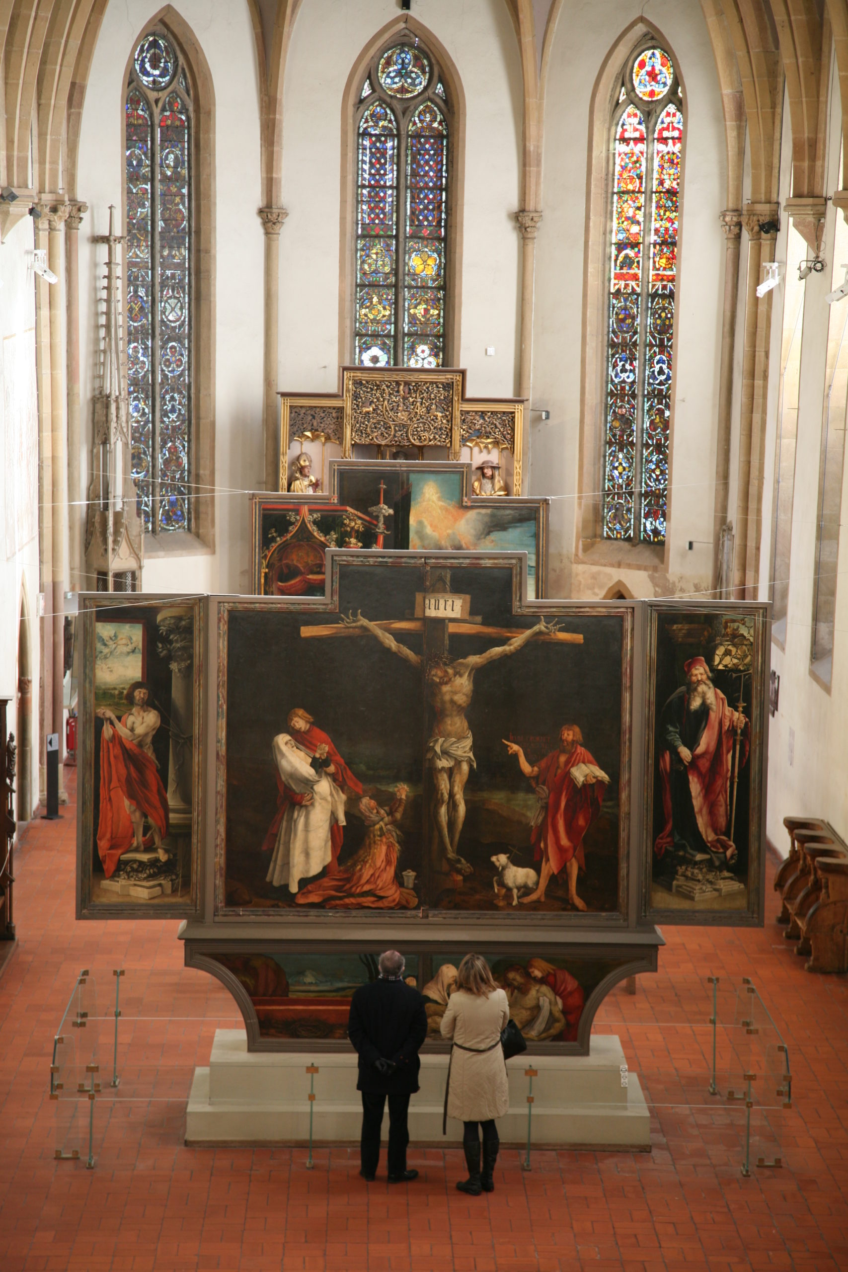 Matthias Grünewald, Isenheim Altarpiece, view in the chapel of the Hospital of Saint Anthony, Isenheim, c. 1510-15, oil on wood, 9' 9 1/2" x 10' 9" (center panel) (Unterlinden Museum, Colmar, France) 