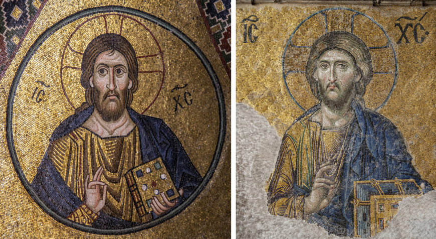 Left: mosaic of Christ, 11th century (photo: byzantologist, CC BY-NC-SA 2.0), right: detail of Deësis mosaic, Hagia Sophia, Constantinople (Istanbul) (photo: byzantologist, CC BY-NC-SA 2.0)