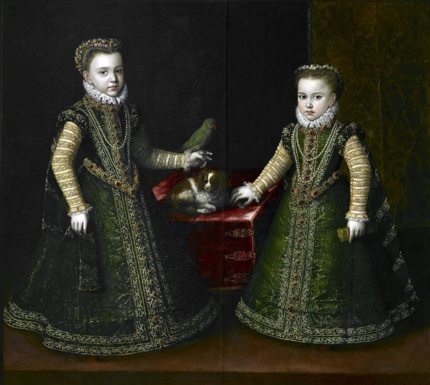 Attributed to Alonso Sánchez Coello (or Sofonisba Anguissola), Isabella Clara Eugenia and Catharina, Daughters of Philip II, King of Spain, c. 1569–70, oil on canas, 134 x 145.8 cm (Royal Collection Trust)