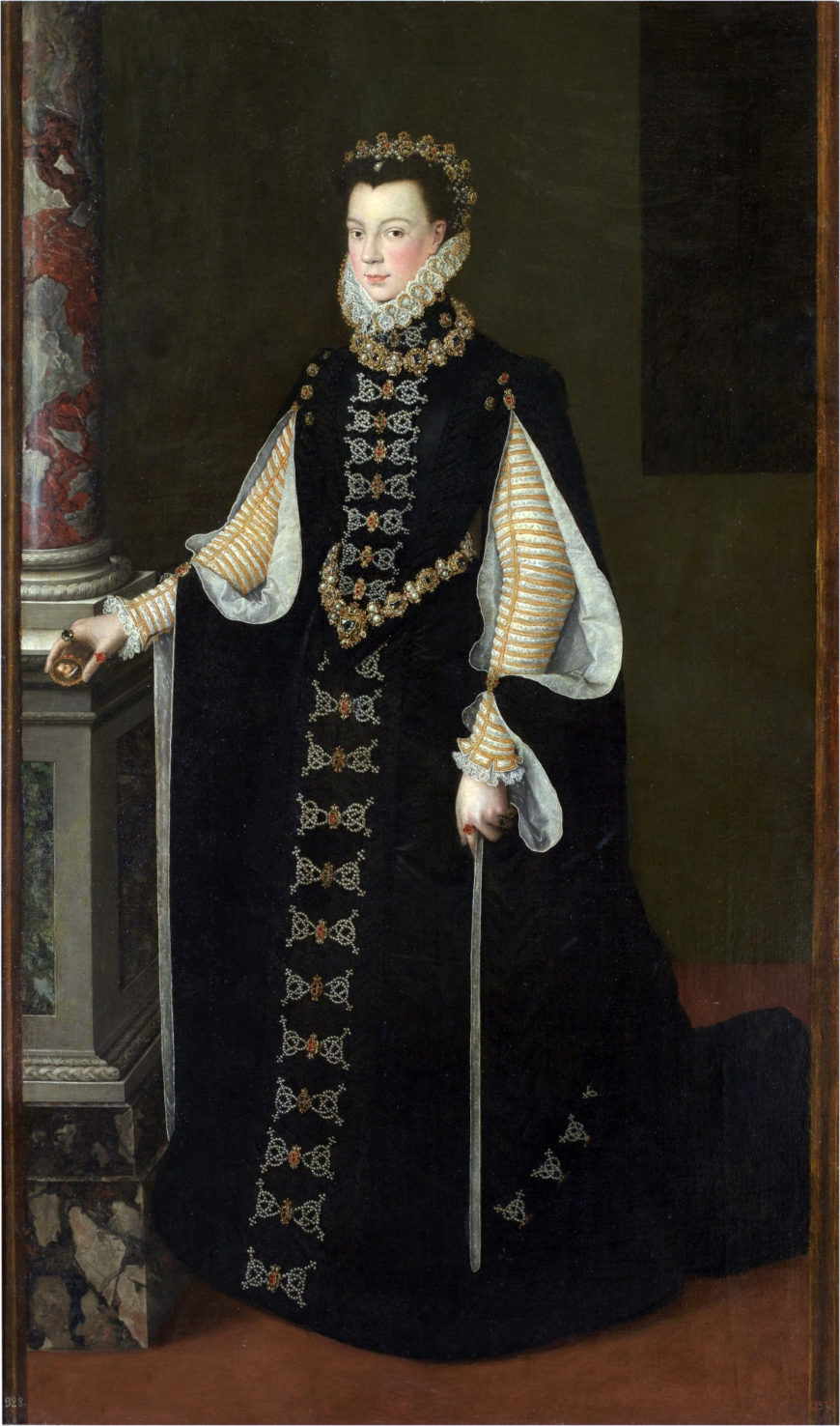 Attributed to Sofonisba Anguissola (until recently attributed to Alonso Sánchez Coello), Isabel de Valois holding a Portrait of Philip II, c. 1561–65, oil on canvas, 206 x 123 cm (Museo del Prado)