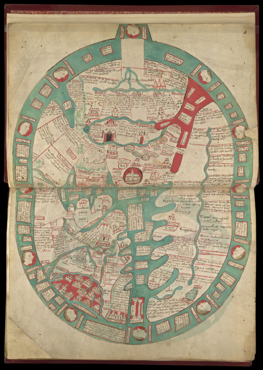 This map, dating from c. 1400 appears in a history of the world written by Ranulph Higden (d. 1364), who was a monk of the Benedictine abbey of St. Werburg, Chester.