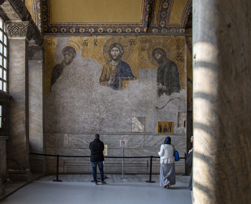Deësis mosaic, c. 1261, 5.2 x 6 m, south gallery, Hagia Sophia, Constantinople (Istanbul) (photo: byzantologist, CC BY-NC-SA 2.0)