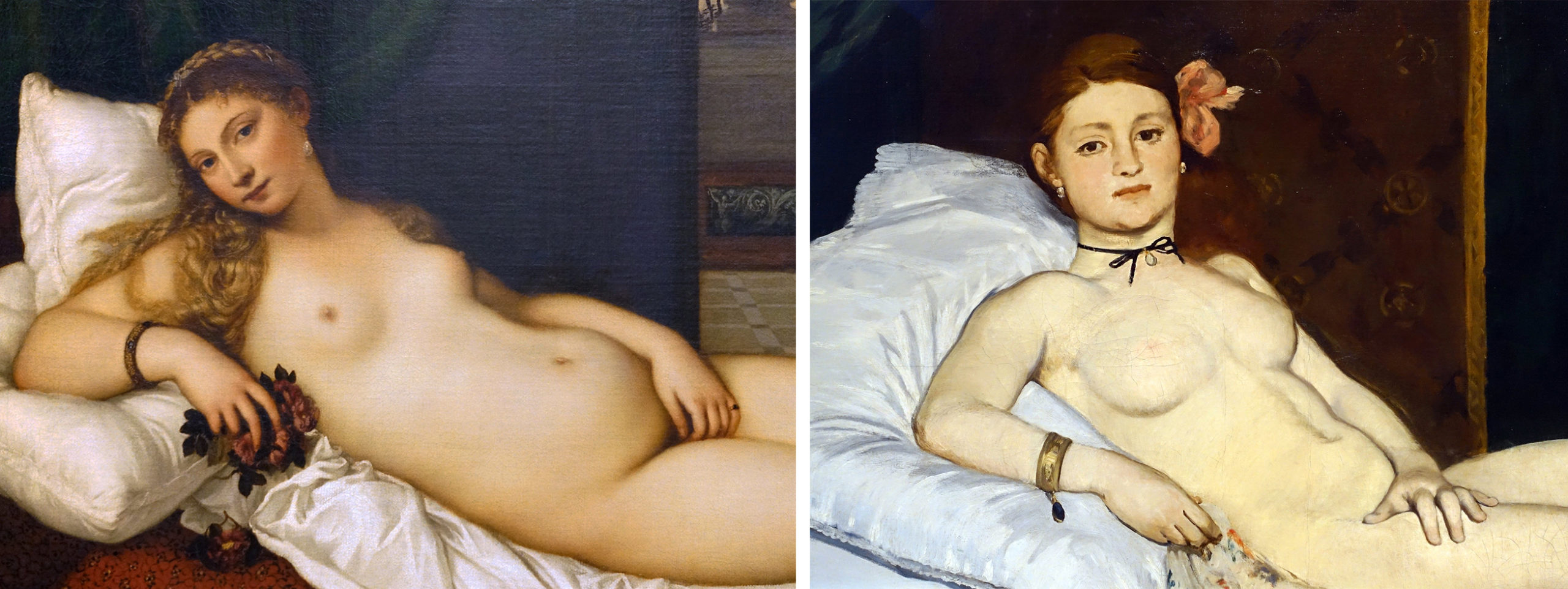 Left: Titian, Venus of Urbino, 1538, oil on canvas, 119.20 x 165.50 cm (Galleria degli Uffizi, Florence; photo: Steven Zucker, CC BY-NC-SA 2.0); right: Édouard Manet, Olympia, 1863, oil on canvas, 130 x 190 cm (Musée d'Orsay, Paris; photo: Steven Zucker, CC BY-NC-SA 2.0)