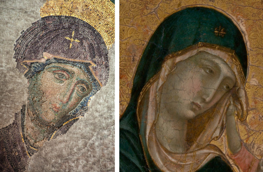 Left: Detail of Deësis mosaic with the Virgin, c. 1261, Hagia Sophia, Constantinople (Istanbul) (photo: byzantologist, CC BY-NC-SA 2.0); right: Duccio, Madonna and Child, c. 1290–1300 (photo: The Metropolitan Museum of Art, CC0)