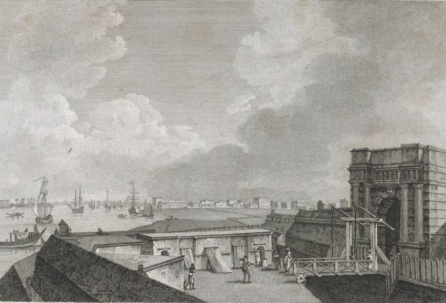 A view of Calcutta taken from Fort William. The original Fort William was destroyed in 1756, but a new one was built between 1758–1781 by Robert Clive on the east bank of the River Hooghly.