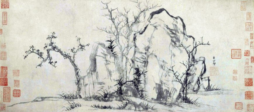 Zhao Mengfu, Elegant Rocks and Sparse Trees (秀石疏林), handscroll section, ink on paper, 27.5 x 62.8 cm (Palace Museum, Beijing)