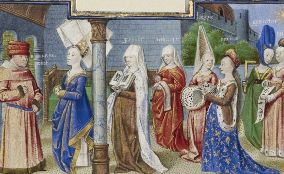 Coëtivy Master, Philosophy Presenting the Seven Liberal Arts to Boethius, c. 1460-75, tempera colors, gold leaf, and gold paint on parchment (The J. Paul Getty Museum)