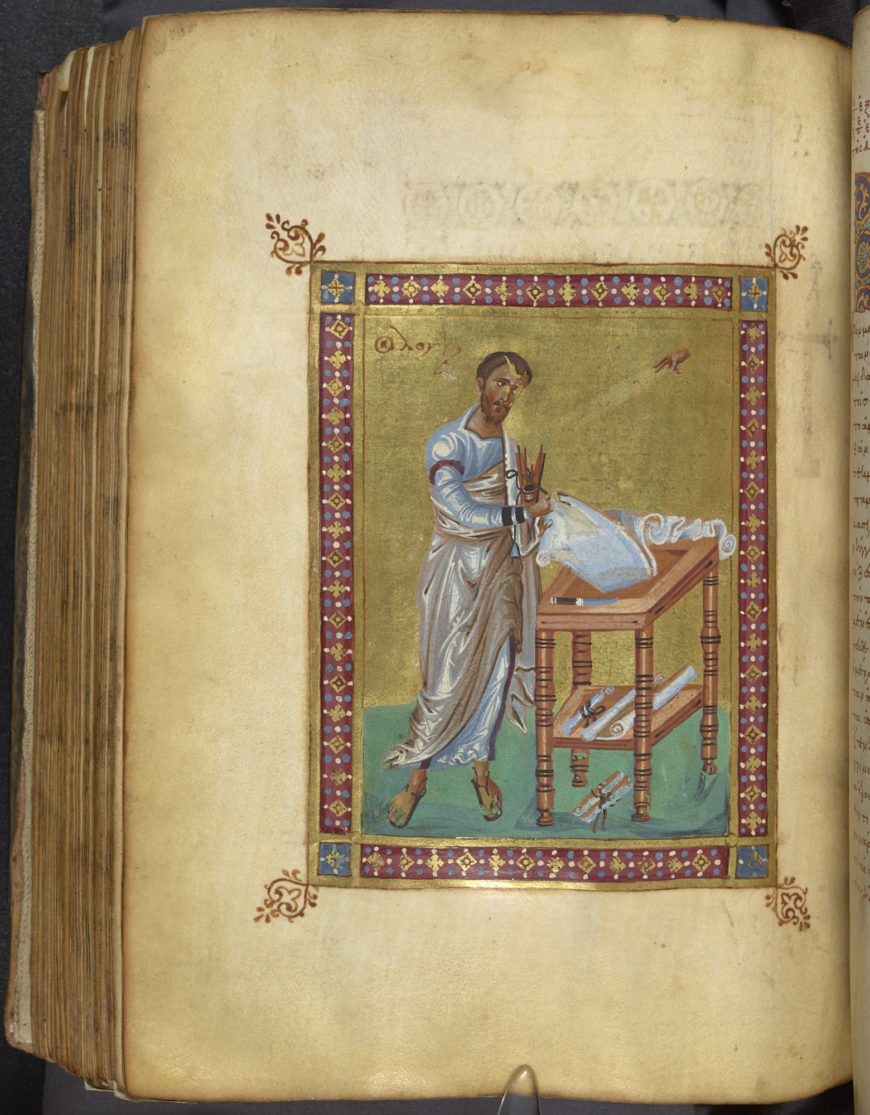 An unusual example of a complete New Testament illuminated manuscript; this volume contains two different portraits of Luke (Add MS 28815/Egerton 3145)