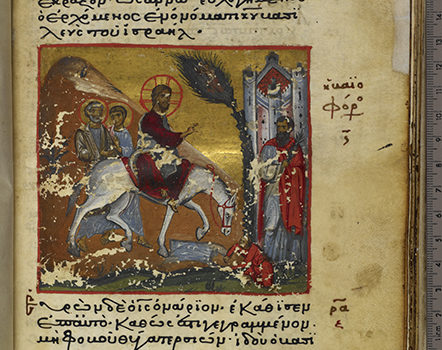 Scene depicting Christ’s entry into Jerusalem (Harley MS 1810)