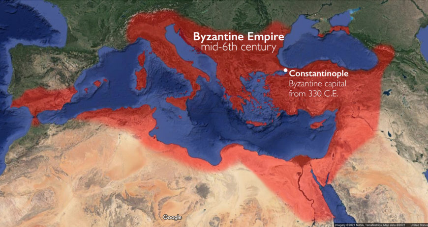 Approximate boundaries of the Byzantine Empire at its greatest extent in the mid-6th century (underlying map © Google)