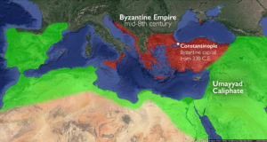 Approximate boundaries of the Byzantine Empire in the mid-eighth century (underlying map © Google)