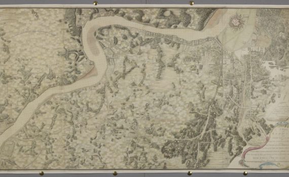 Survey of the country on the eastern bank of the Hughly, from Calcutta to the fortifications at Budgebudge. This is one of three surveys by Mark Wood, a Captain in the East India Company's Bengal Army. A minutely-detailed survey drawn at a scale of 4 inches to a mile, the map shows the city of Kolkata (then known as Calcutta) in West Bengal and the land surrounding the River Hooghly.