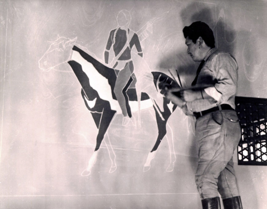 Stephen Mopope Working on Post Office Mural in Anadarko, Oklahoma, 1939 photograph, 5"x7" (National Cowboy and Western Heritage Museum)