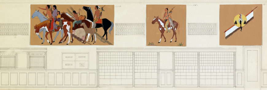 Stephen Mopope, Kiowas Moving Camp (mural study, Anadarko, Oklahoma federal building), 1936, gouache and pencil on paper mounted on paperboard, Smithsonian American Art Museum