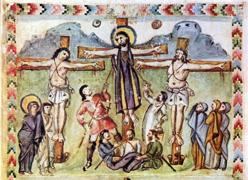 Crucifixion, from the Rabbula Gospels, 586, parchment, 25.5 cm x 33.5 cm (Biblioteca Medicea-Laurenziana, Florenz)