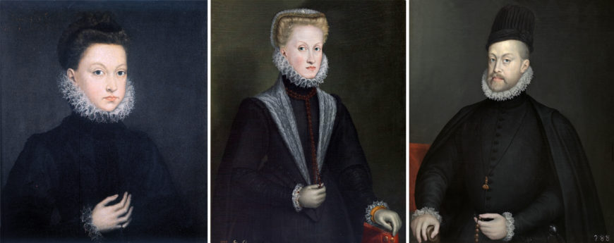 Sofonisba Anguissola" left: Infanta Isabella Clara Eugenia, c. 1573, oil on canvas, 56 x 47 cm (Turin, Galleria Sabuada, Musei Reali di Torino); center: Queen Anne of Austria, c. 1573, oil on canvas, 86 x 67.5 cm (Museo del Prado); right: King Philip II, c. 1573, oil on canvas, 88 x 72 cm (Museo del Prado)