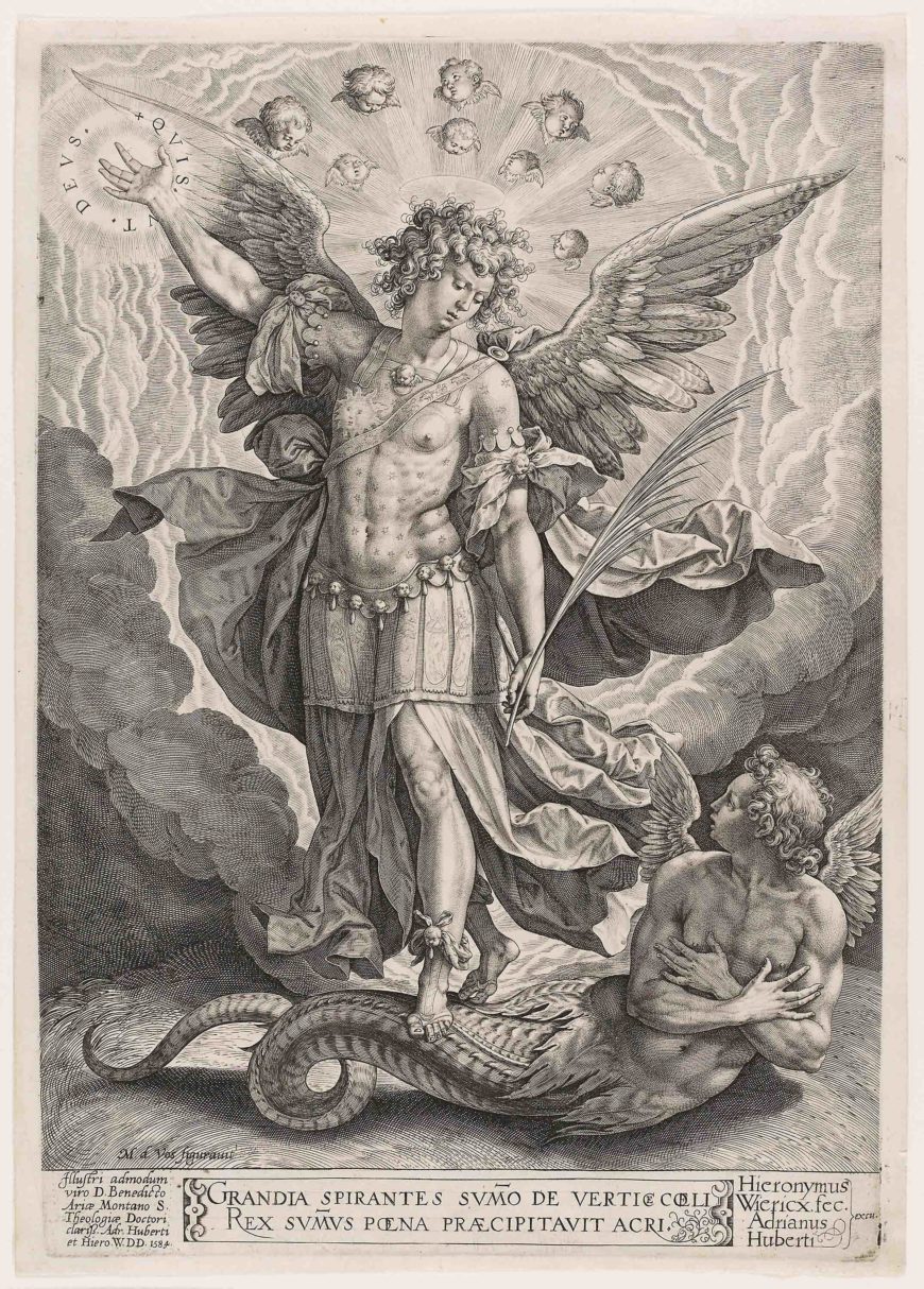 Jerome Wierix after Martin de Vos, St Michael Triumphing Over the Dragon, 1584, Engraving in black on ivory laid paper, 291 × 202 mm (Art Institute of Chicago)