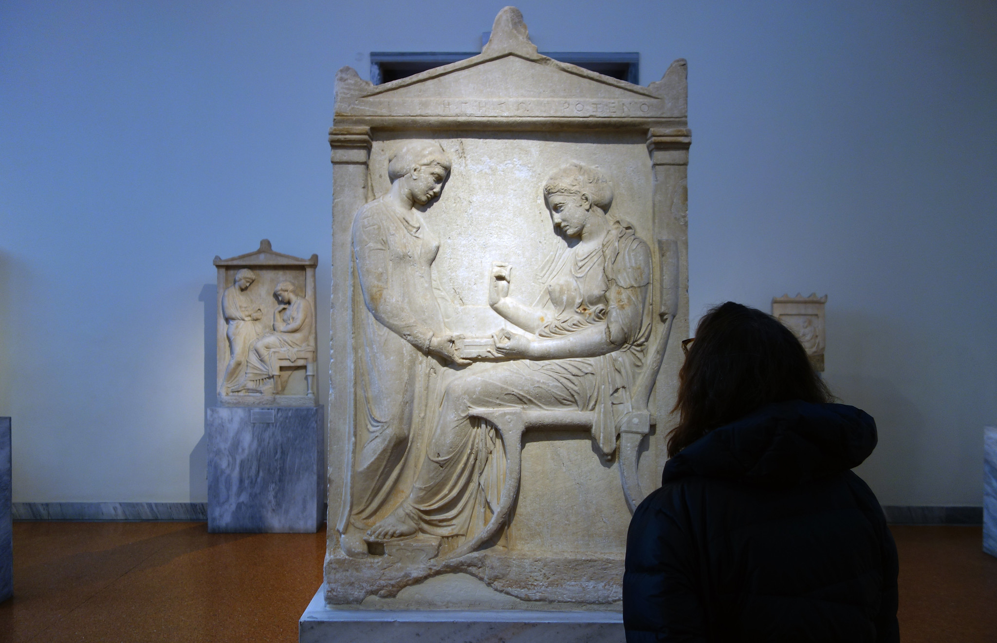 Grave stele of Hegeso, c. 410 B.C.E., marble and paint, from the Dipylon Cemetary, Athens, 5' 2" (National Archaeological Museum, Athens)