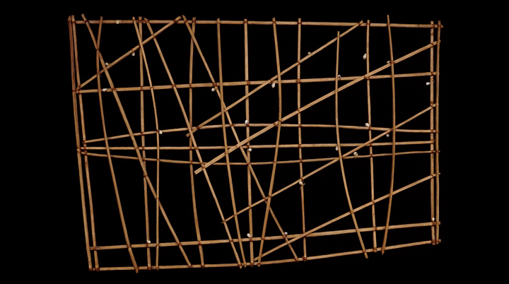 Navigation chart (rebbelib), probably 19th century C.E., wood, shell, 67.5 x 99 x 3 cm, Marshall Islands, Micronesia © Trustees of the British Museum