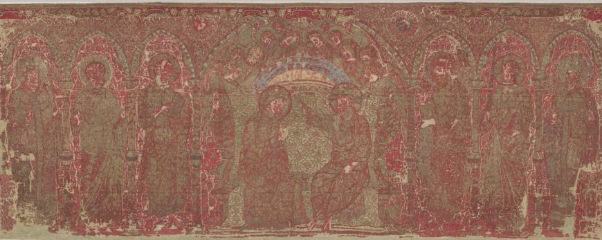 The Veglia Altar Frontal, c. 1330, likely designed by Paolo Veneziano and made in Venice, red silk, in plain weave; with embroidery of gold and silver threads underside-couched, and with coloured silks, mainly in split stitch; interlined with paper and lined with linen. 107 x 277 cm (Victoria and Albert Museum, London)