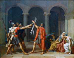 Jacques-Louis David, Oath of the Horatii, 1784, oil on canvas, 3.3 x 4.25 m, painted in Rome, exhibited at the salon of 1785 (Musée du Louvre; photo: Steven Zucker, CC BY-NC-SA 2.0)