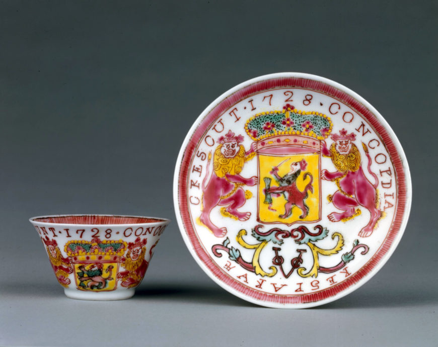 Famille rose teacup and saucer From Jingdezhen, Jiangxi province, southern China Qing dynasty, about AD 1729-30