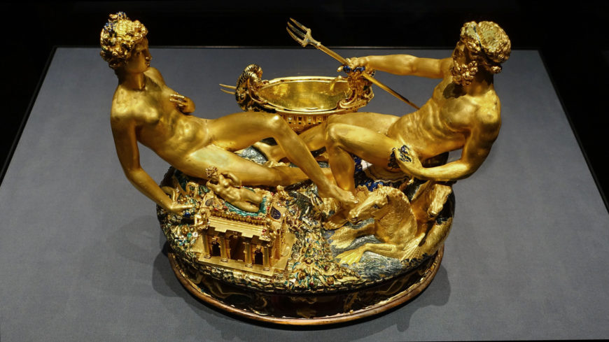 Benvenuto Cellini, Salt cellar, 1540-43, gold, enamel, ebony, and ivory, 28.5 x 21.5 x 26.3 cm (Kunsthistorisches Museum, Vienna)