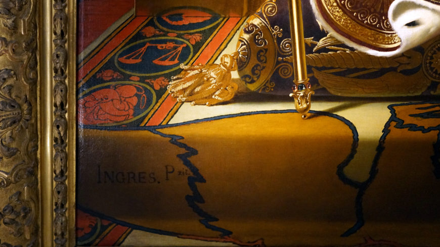 Rug (detail), Jean-Auguste-Dominique Ingres, Napoleon on his Imperial Throne, 1806, oil on canvas, 260 x 163 cm (Musée de l'Armée, Paris; photo: Steven Zucker, CC BY-NC-SA 2.0)