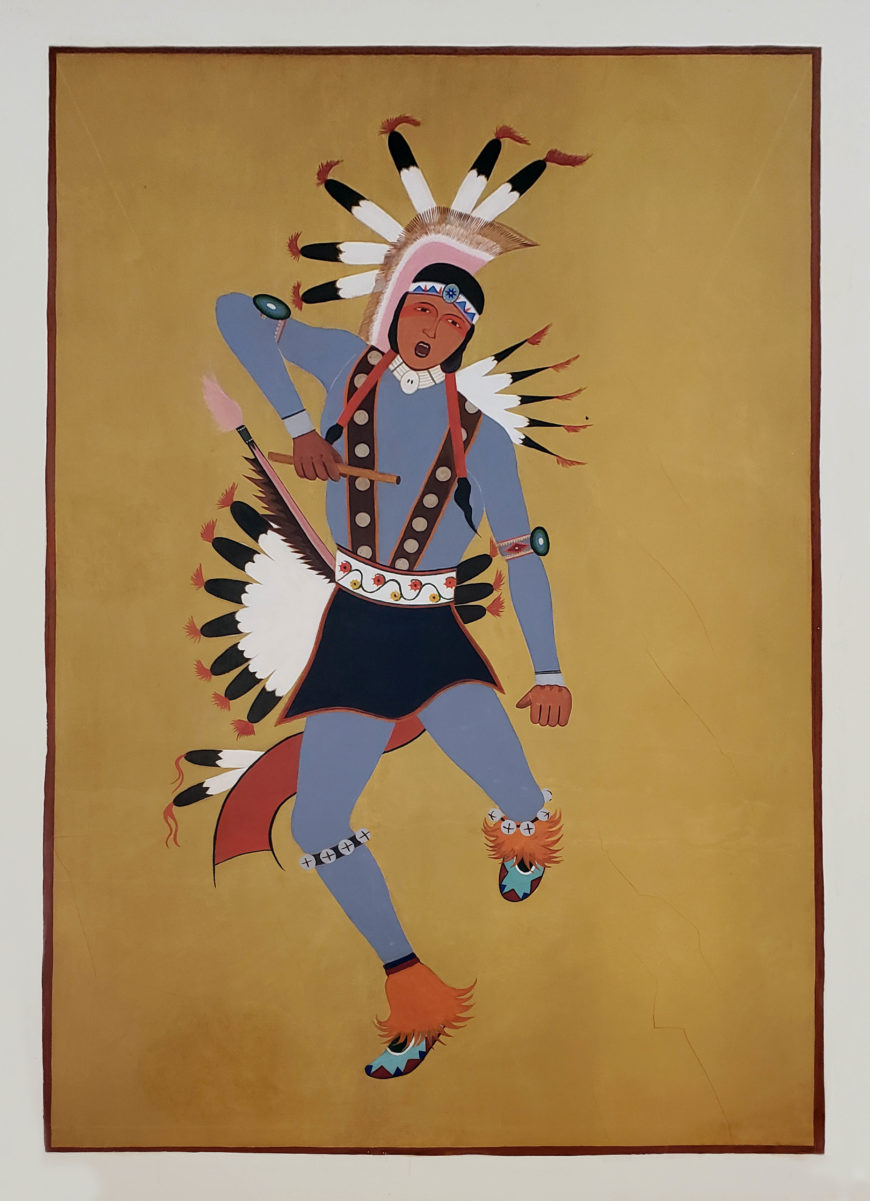 Stephen Mopope, War Dancer with Cedar Wood Flute, 1937, mural, Anadarko Post Office, OK