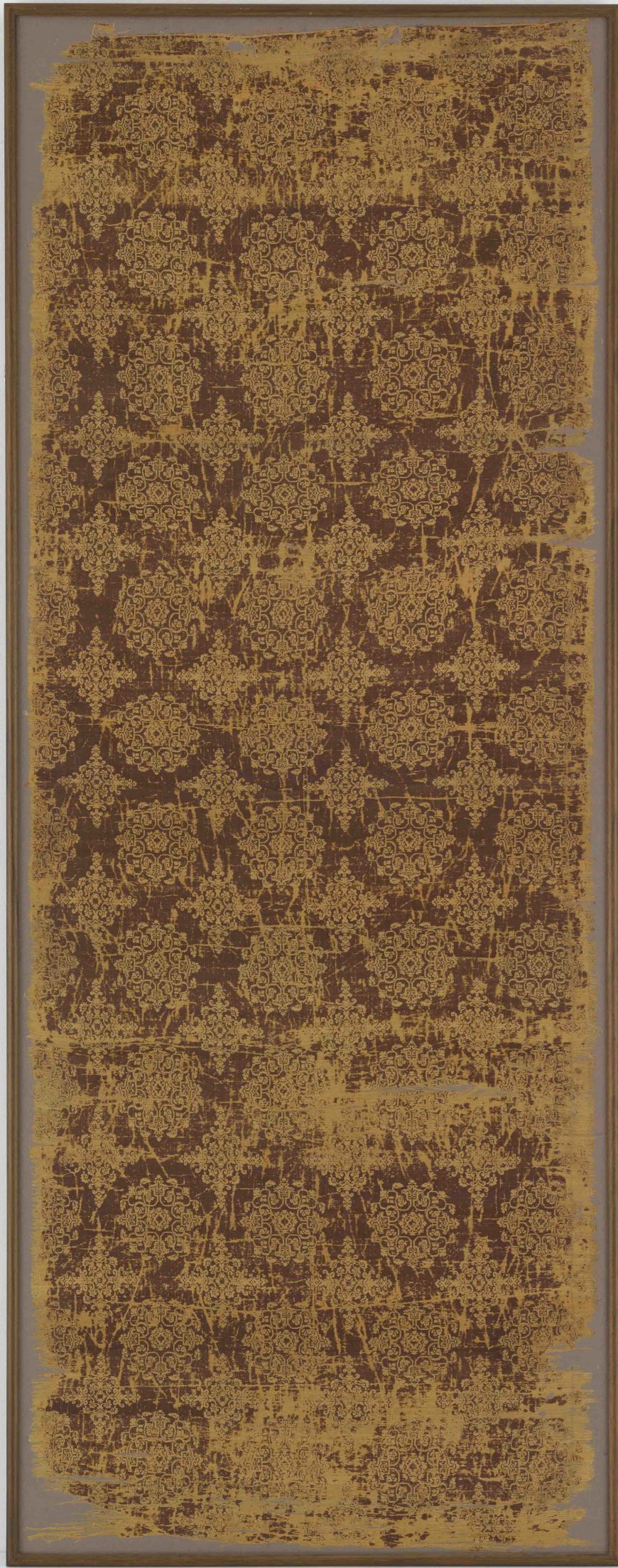 Textile with floral medallions and lozenges, mid-Tang dynasty, first half of the 8th century, brocade (jin): woven silk (weft-faced compound twill), China, 150.1 high x 59.3 cm (Freer Gallery of Art, Smithsonian, Washington, DC: Gift of Charles Lang Freer, F1911.597a-b)
