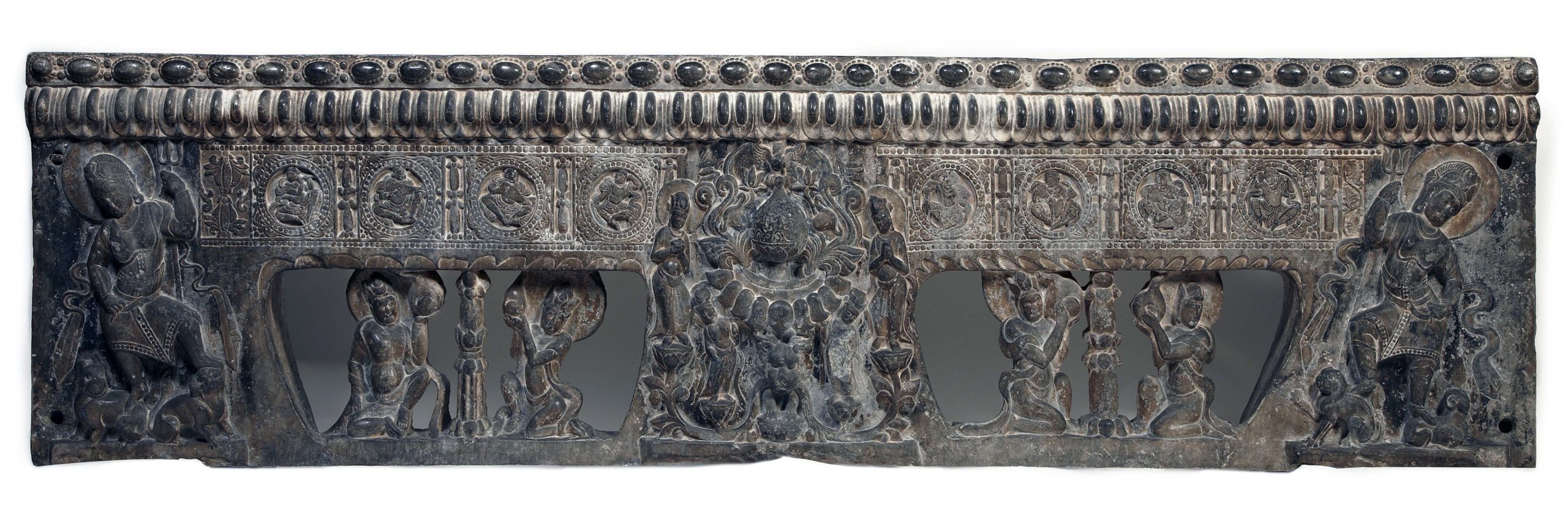 Frontal from the base of a funerary couch with Sogdian musicians and dancers and Buddhist divinities, Northern Qi dynasty, Period of Division, Northern Qi dynasty, 550-577, Grey marble with traces of pigment, China, Henan province, Probably Ce xian, 60.3 high x 234 x 23.5 cm (Freer Gallery of Art, Smithsonian, Washington, DC: Gift of Charles Lang Freer, F1915.110)