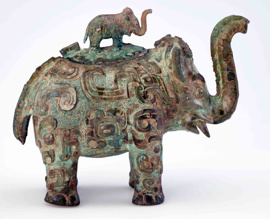 Lidded ritual ewer (huo) in the form of an elephant with masks and dragons, ca. first half 11th century BCE, bronze, 17.2 high x 10.7 x 21.4 cm, China, Middle Yangzi Valley (Freer Gallery of Art, Smithsonian, Washington, DC: Purchase — Charles Lang Freer Endowment, F1936.6a-b)