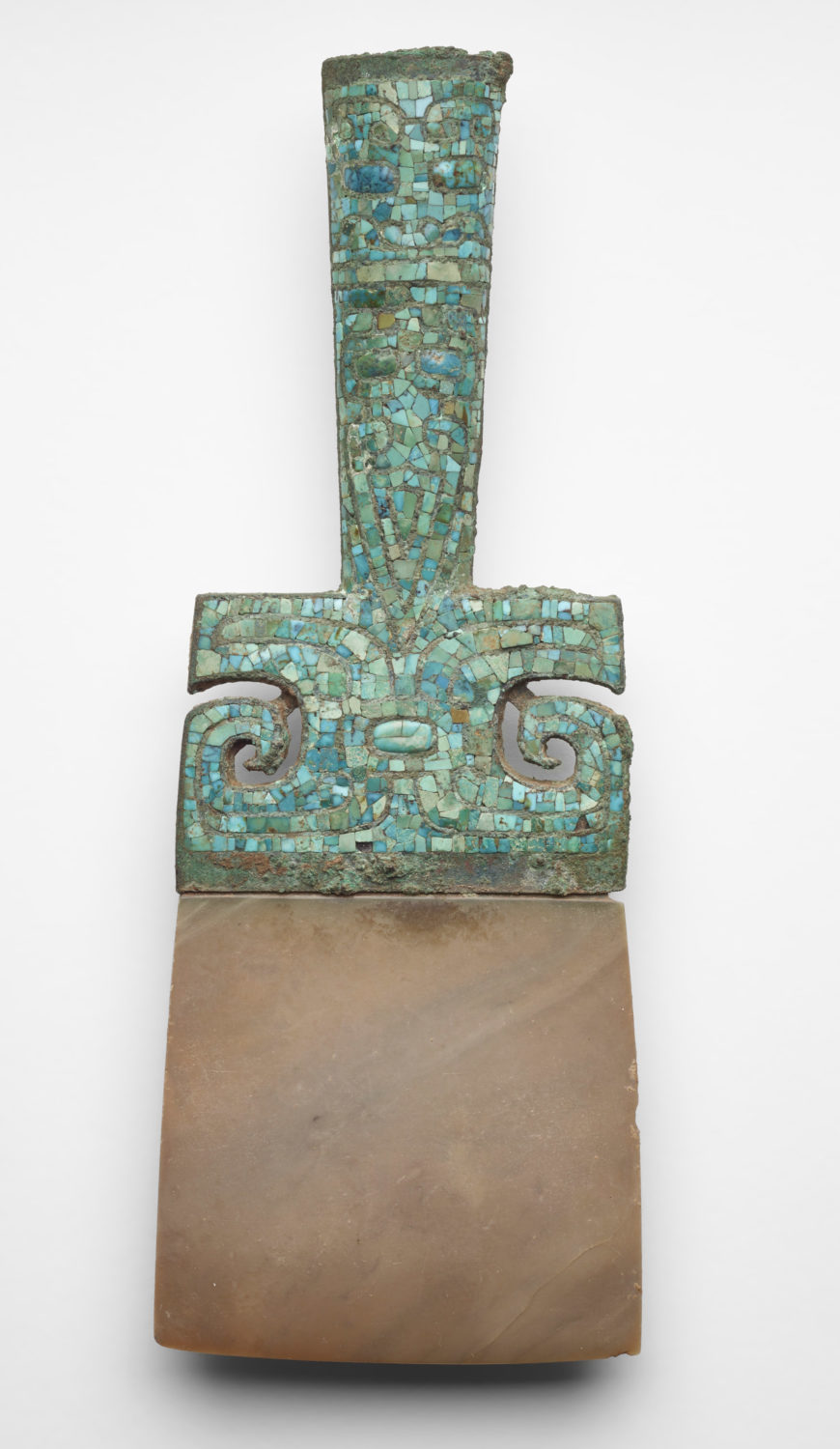 Axe (yue 鉞), Anyang period, Late Shang dynasty, ca. 1300-ca. 1050 BCE, Bronze with turquoise inlay and jade (nephrite) blade, 21.3 high x 7.9 x 2.1 cm, China, probably Henan province, Anyang (Freer Gallery of Art, Smithsonian, Washington, DC: Purchase — Charles Lang Freer Endowment, F1941.4)