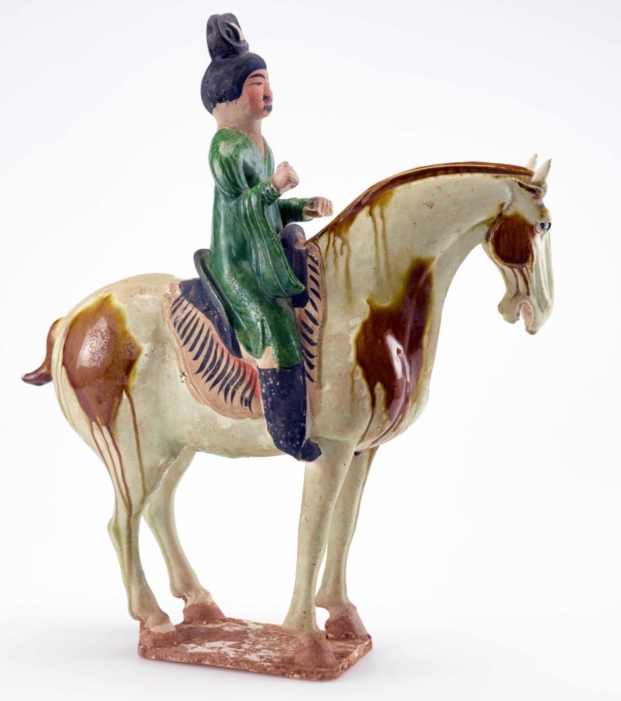 Tomb figure of a man on horseback, Tang dynasty, ca. 700-750, Earthenware with lead-silicate glazes and painted details, China, Henan province, Possibly Luoyang, 39.5 high x 11.7 x 34 cm (Freer Gallery of Art, Smithsonian, Washington, DC: Purchase — Charles Lang Freer Endowment, F1952.12)