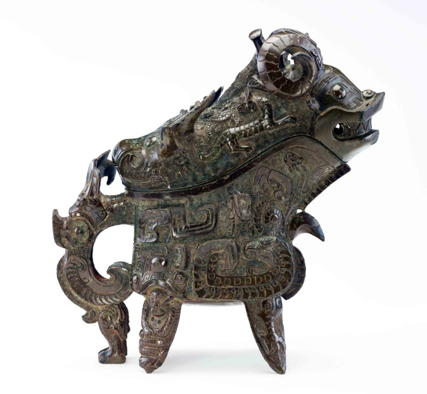 Lidded ritual ewer (guang) with taotie, dragons, birds, tigers, elephants, fish, snakes, and humans, c. 1100–1050 B.C.E., bronze, China, Middle Yangzi Valley, 31.4 high x 31.5 x 14.4 cm (Freer Gallery of Art, Smithsonian, Washington, DC: Gift of Eugene and Agnes E. Meyer, F1961.33a-b)