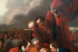 Lieutenant Henry Browne holding the flag against the St. Lawrence River (detail), Benjamin West, The Death of General Wolfe, 1770, oil on canvas, 152.6 x 214.5 cm (National Gallery of Canada; photo: Steven Zucker, CC BY-NC-SA 2.0)