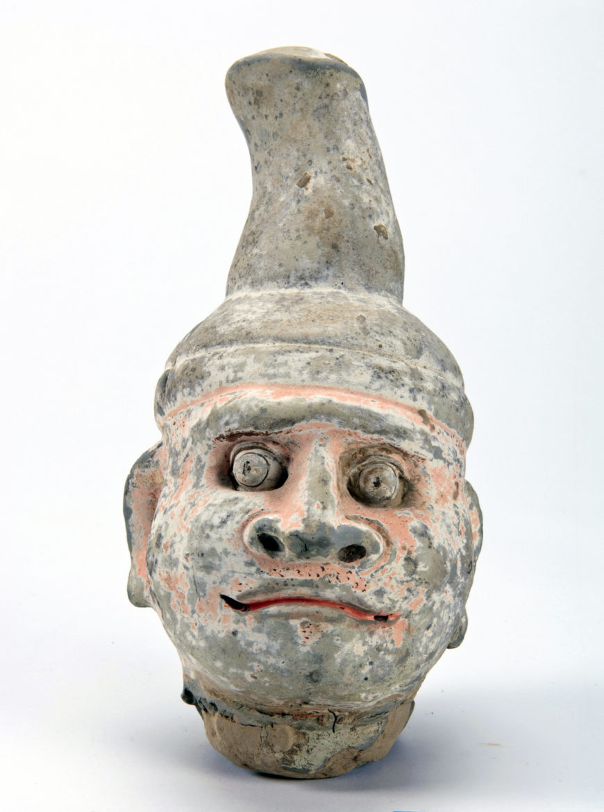 Head of a tomb figure of a Sogdian or Central Asian traveler, Tang dynasty, ca. 700–ca. 750, ceramic and paint, China, 7 1/2 x 3 9/16 x 4 3/4 in (Smithsonian, Washington, DC, RLS1997.48.1449)