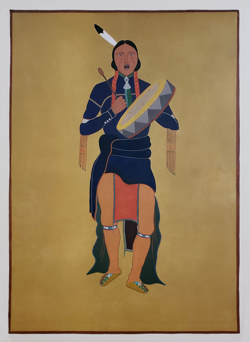 Stephen Mopope, Scalp Dance (Drum Chief Standing), 1937, mural, Anadarko Post Office, OK