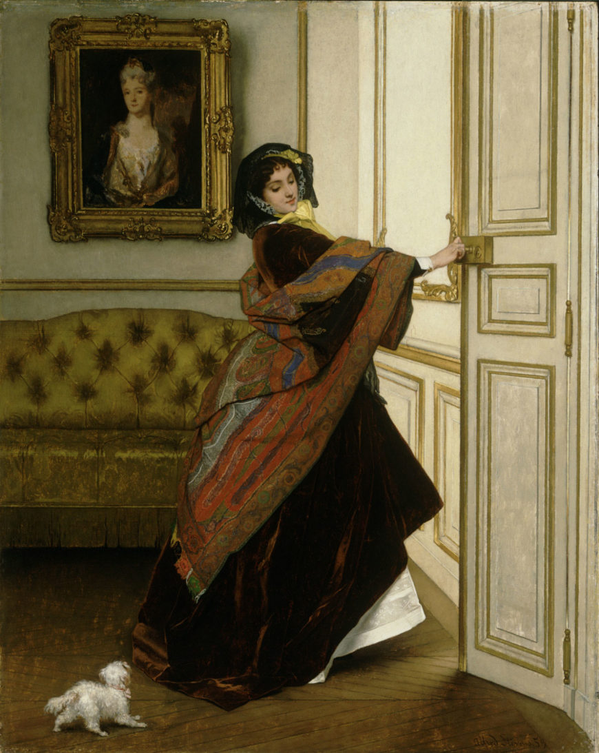 Alfred Stevens, Departing for the Promenade (Will You Go Out with Me, Fido?), 1859, oil on panel, 61.6 x 48.9 cm (Philadelphia Museum of Art)