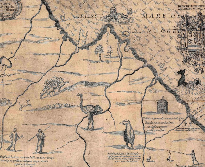 Animals roam the lands, including a penguin. Detail of Alonso de Ovalle, Tabula geographica regni Chile, 1646, 57 x 116 cm (John Carter Brown Library, Brown University)