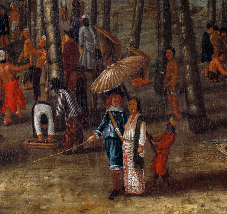 Andries Beeckman, detail of couple with a parasol, The Castle of Batavia, c. 1661, oil on canvas, 151.5 x 108 cm (Rijksmuseum)