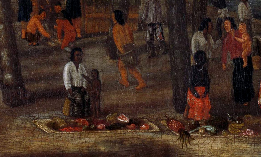 Andries Beeckman, detail of mother and child selling food, The Castle of Batavia, c. 1661, oil on canvas, 151.5 x 108 cm (Rijksmuseum)